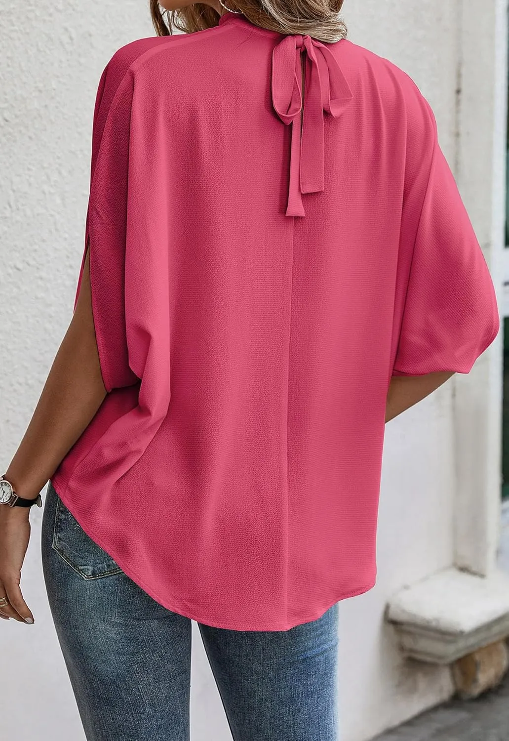 Angashion Womens Tops, Short Sleeve Casual Summer Top Solid Color Self Tie Loose Fit Drape Tunic Blouses Shirts