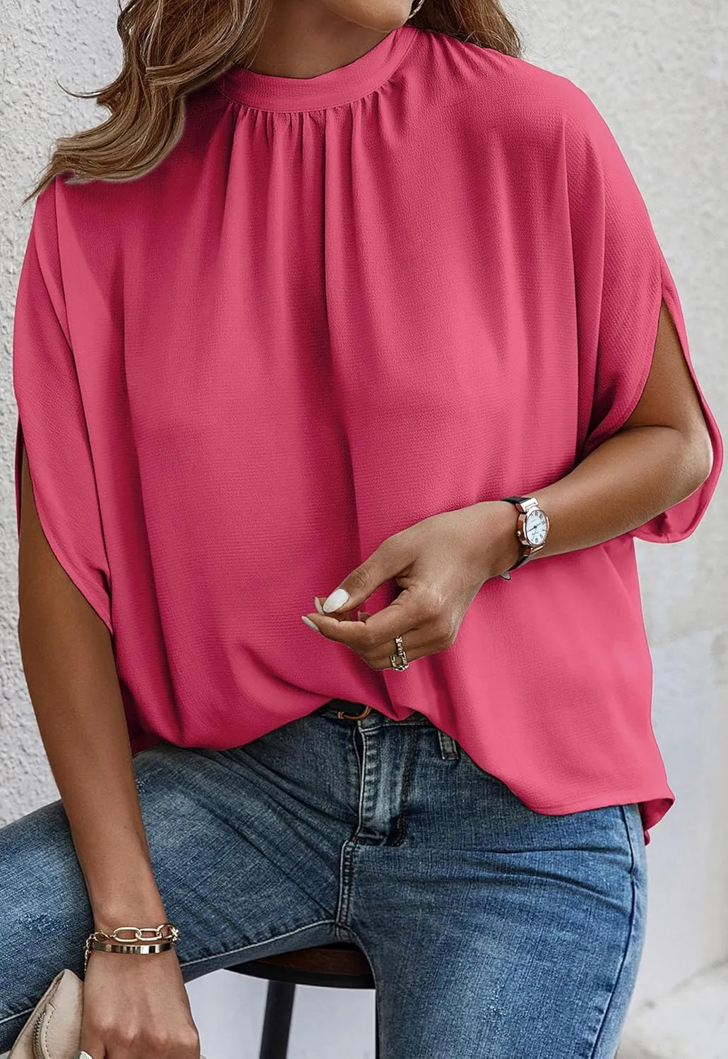 Angashion Womens Tops, Short Sleeve Casual Summer Top Solid Color Self Tie Loose Fit Drape Tunic Blouses Shirts