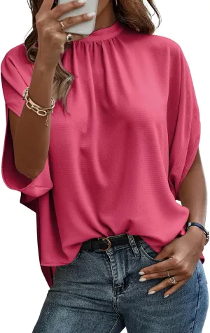 Angashion Womens Tops, Short Sleeve Casual Summer Top Solid Color Self Tie Loose Fit Drape Tunic Blouses Shirts