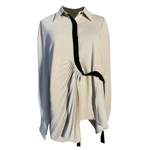Colorblock Patchwork Folds Casual Shirts For Women Lapel Long Sleeve Spliced Single Breasted Shirt Female Fashion