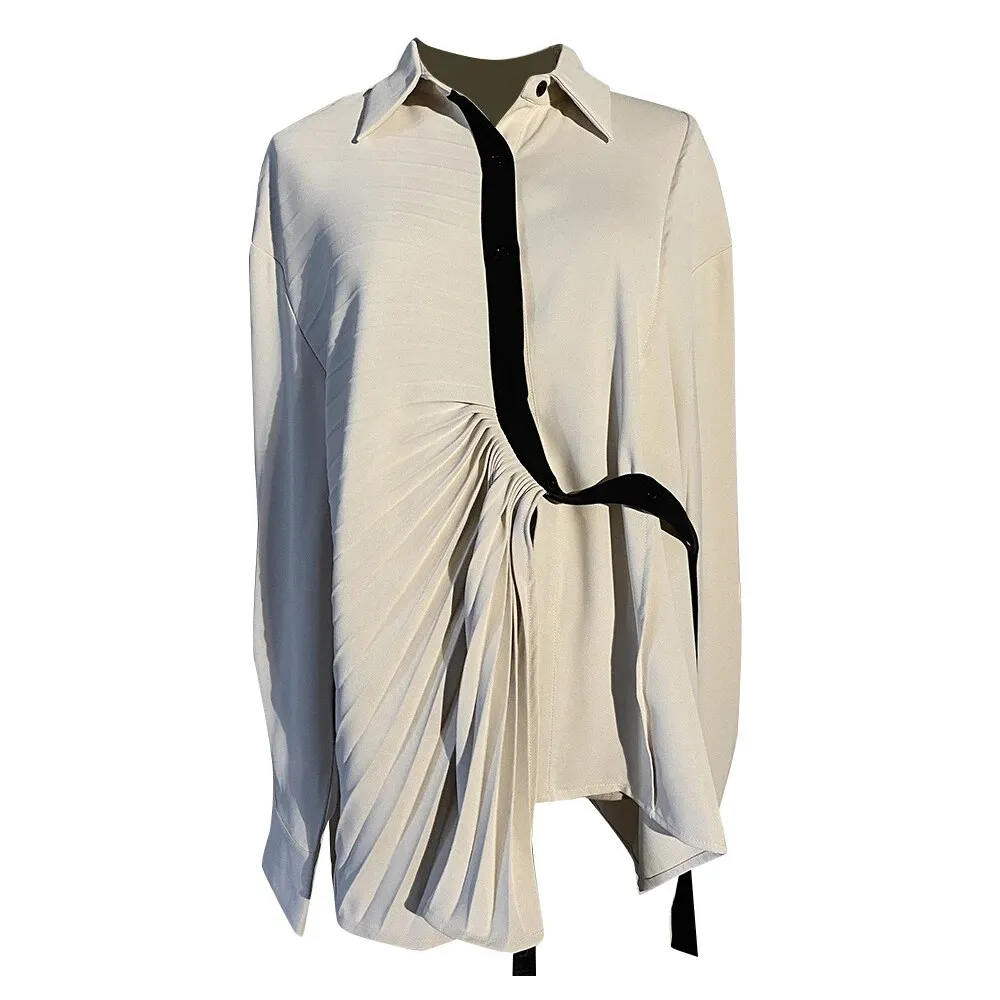 Colorblock Patchwork Folds Casual Shirts For Women Lapel Long Sleeve Spliced Single Breasted Shirt Female Fashion