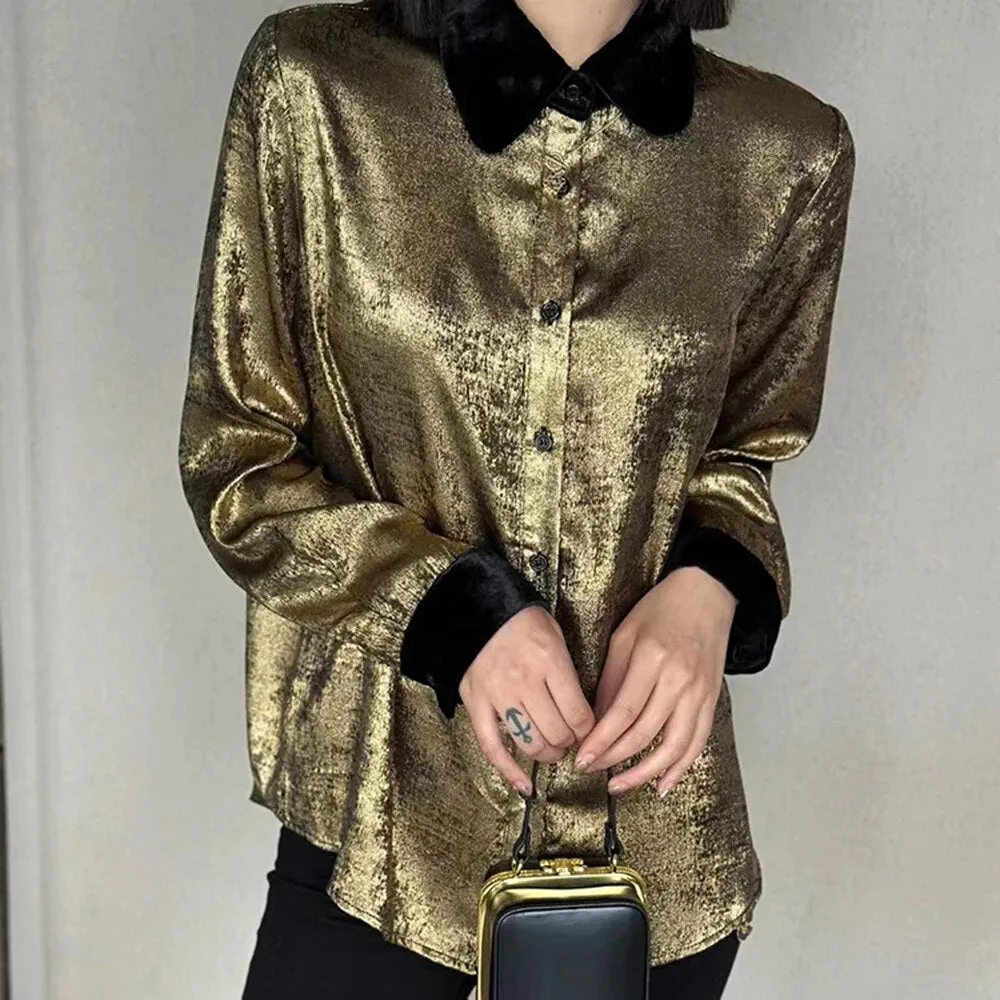 Colorblock Patchwork Single Breasted Loose Shirts For Women Lapel Long Sleeve Elegant Shirt Female Fashion Clothing