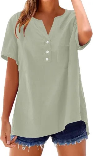 Cotton Linen Shirts for Women Summer Tops 2025 Short Sleeve Button Down Lightweight Blouses Beach Vacation Clothes