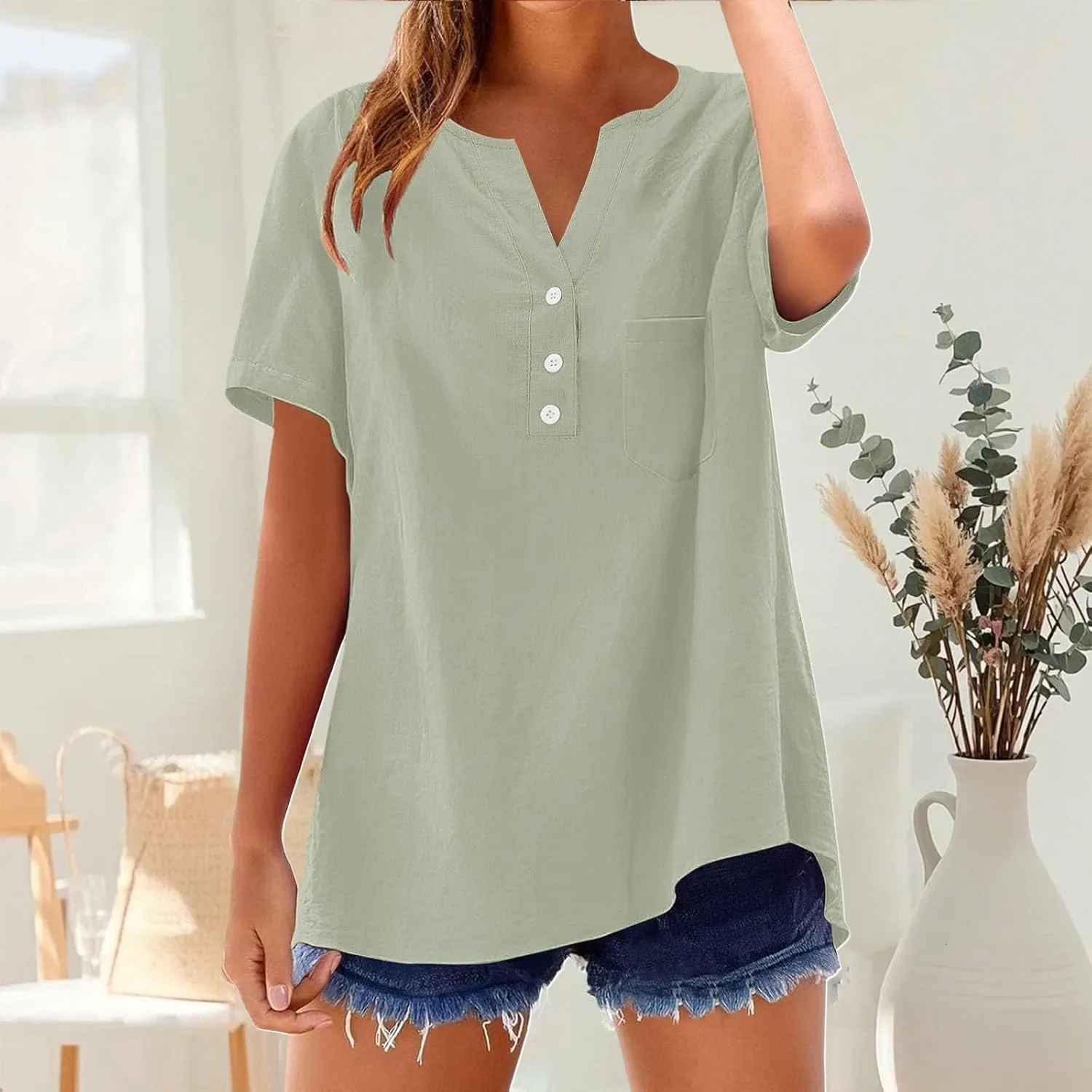 Cotton Linen Shirts for Women Summer Tops 2025 Short Sleeve Button Down Lightweight Blouses Beach Vacation Clothes