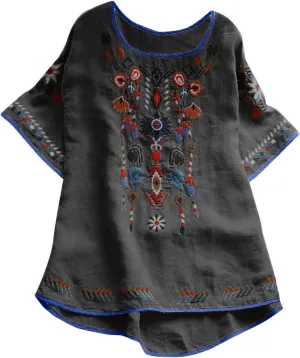 Cotton Linen Tops for Women 2024 Summer Boho Embroidered Mexican Blouse Plus Size Casual Crewneck Tee Shirts Tunics