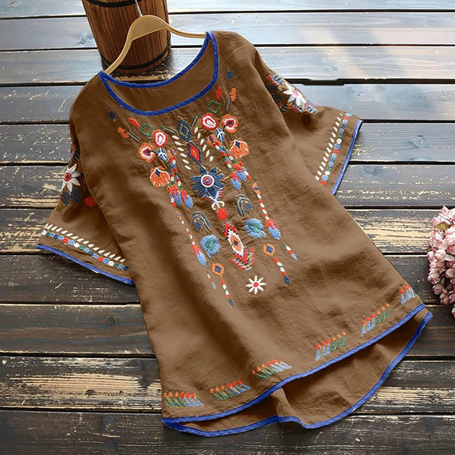 Cotton Linen Tops for Women 2024 Summer Boho Embroidered Mexican Blouse Plus Size Casual Crewneck Tee Shirts Tunics