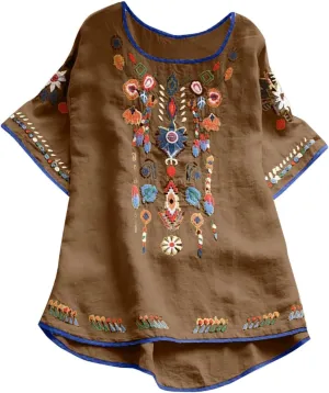 Cotton Linen Tops for Women 2024 Summer Boho Embroidered Mexican Blouse Plus Size Casual Crewneck Tee Shirts Tunics