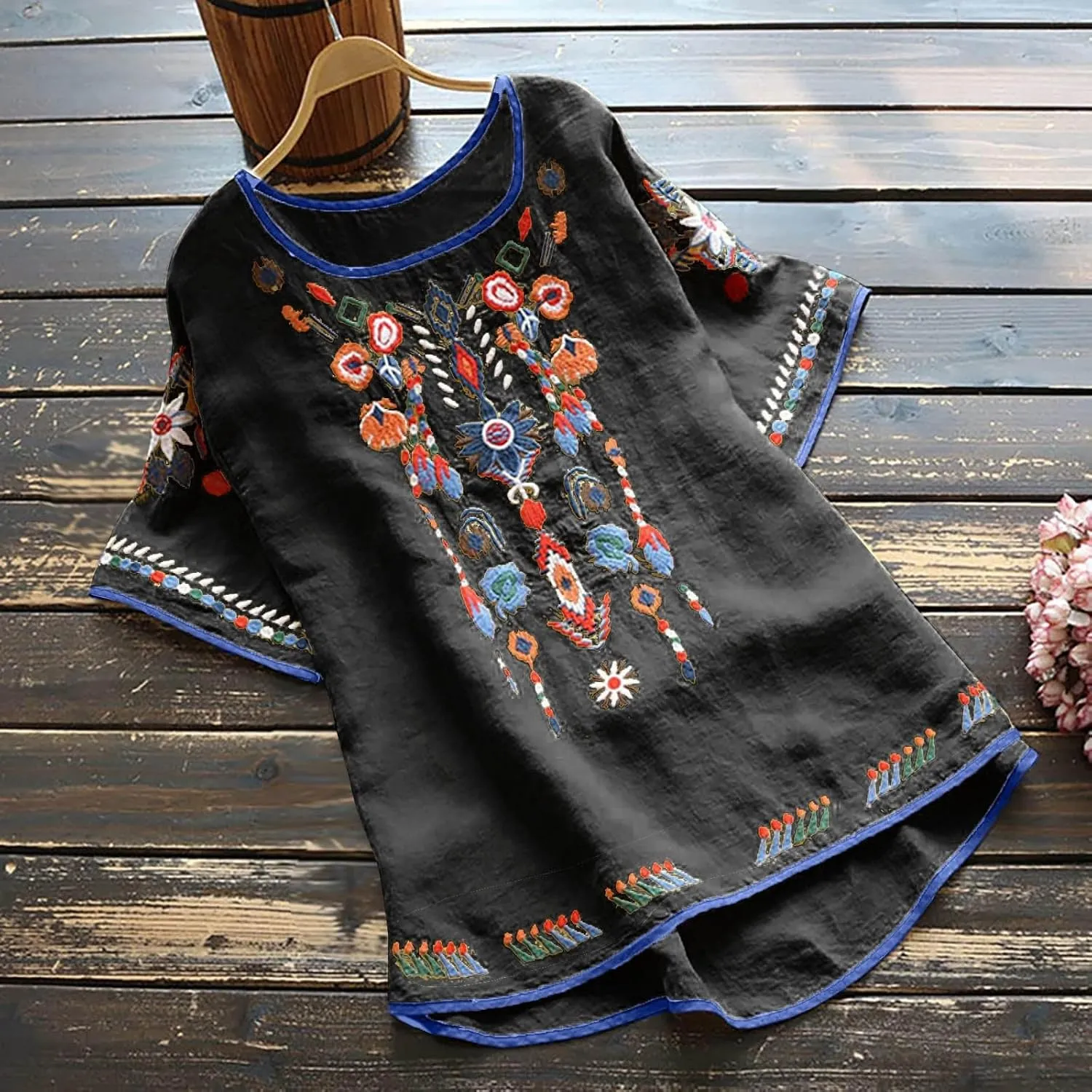 Cotton Linen Tops for Women 2024 Summer Boho Embroidered Mexican Blouse Plus Size Casual Crewneck Tee Shirts Tunics
