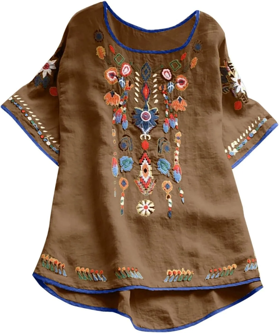 Cotton Linen Tops for Women 2024 Summer Boho Embroidered Mexican Blouse Plus Size Casual Crewneck Tee Shirts Tunics
