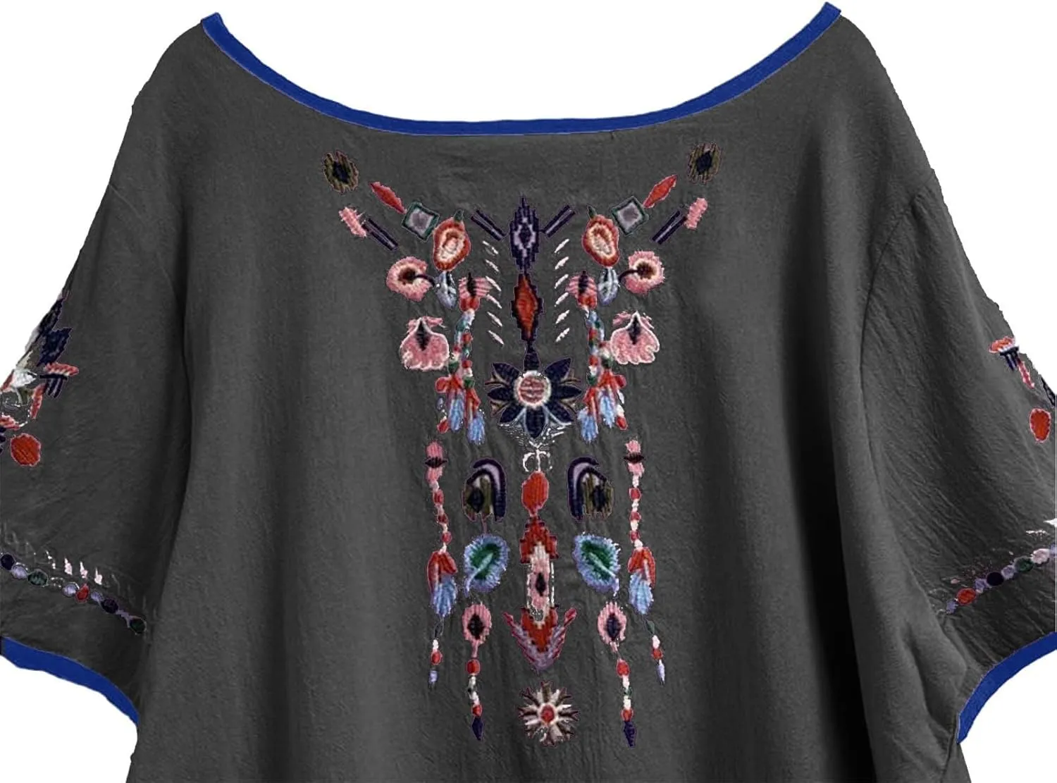Cotton Linen Tops for Women 2024 Summer Boho Embroidered Mexican Blouse Plus Size Casual Crewneck Tee Shirts Tunics