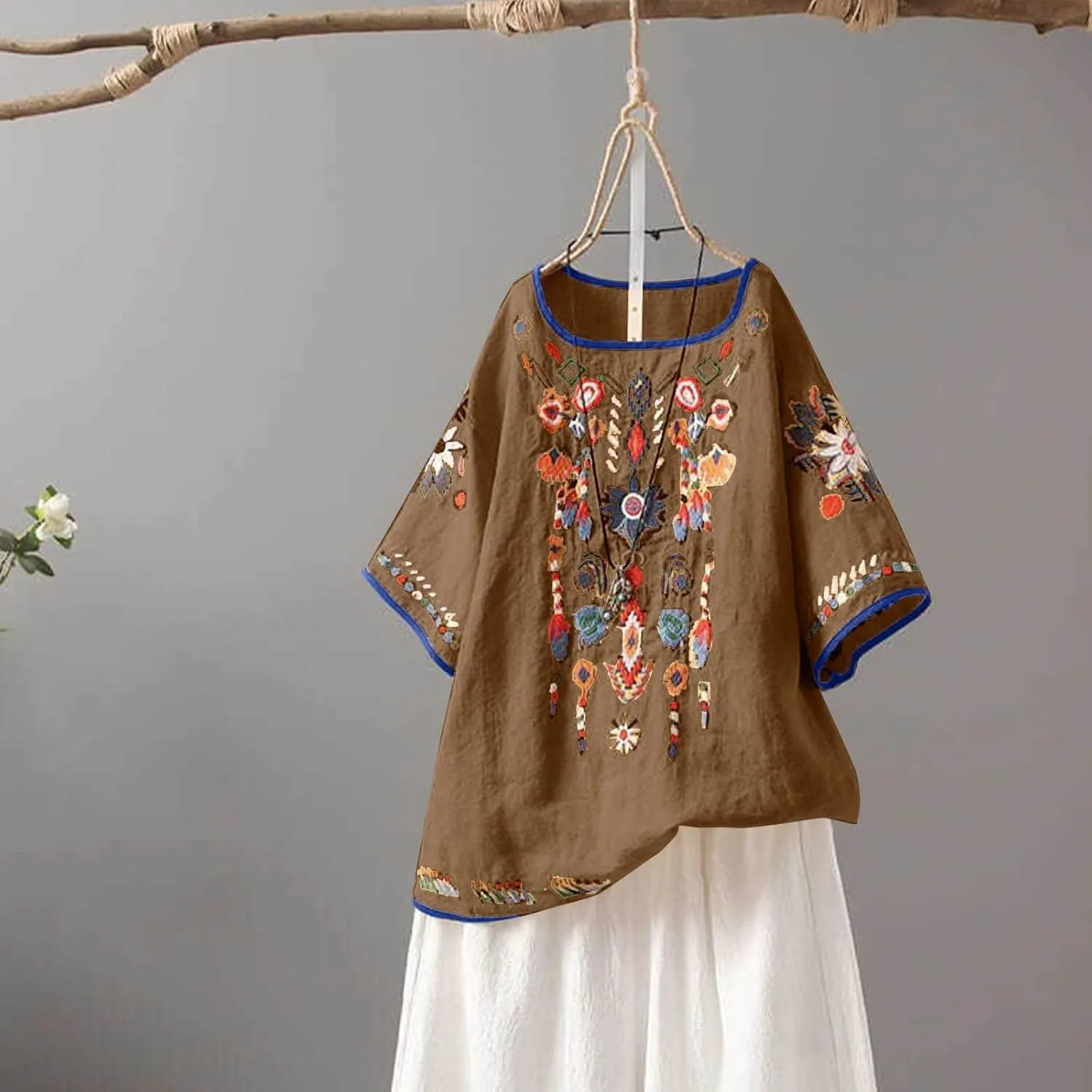 Cotton Linen Tops for Women 2024 Summer Boho Embroidered Mexican Blouse Plus Size Casual Crewneck Tee Shirts Tunics