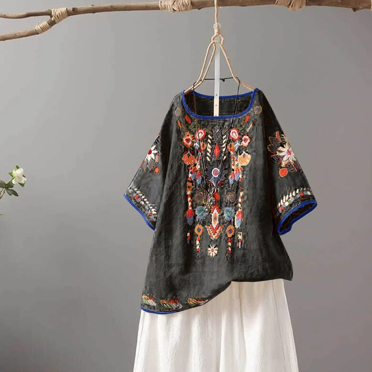 Cotton Linen Tops for Women 2024 Summer Boho Embroidered Mexican Blouse Plus Size Casual Crewneck Tee Shirts Tunics