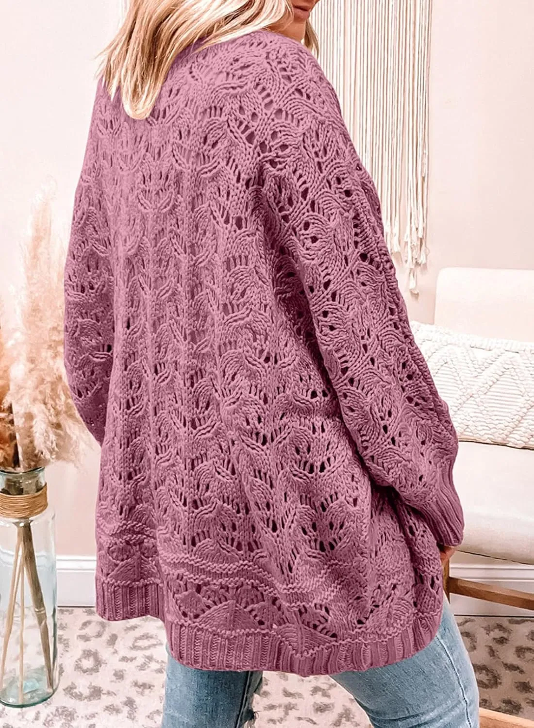 Eytino Womens Plus Size Crochet Cardigan Sweater Long Sleeve Hollow Out Open Front Cardigans Outwear(1X-5X)