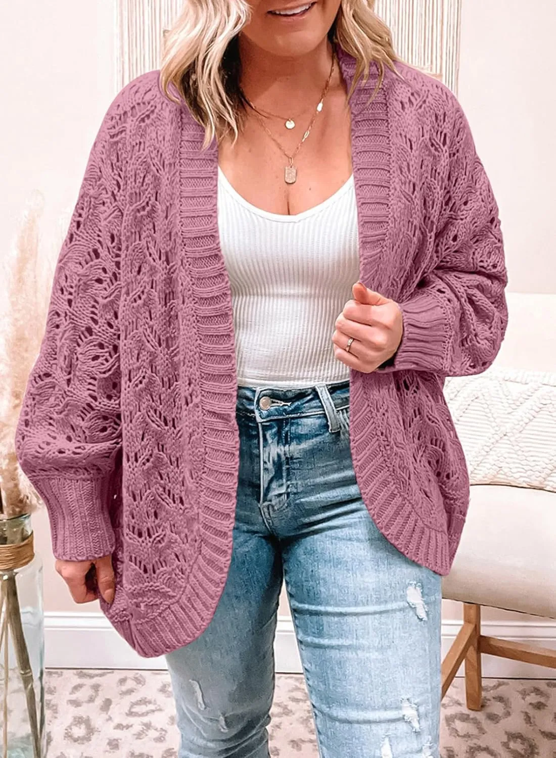 Eytino Womens Plus Size Crochet Cardigan Sweater Long Sleeve Hollow Out Open Front Cardigans Outwear(1X-5X)