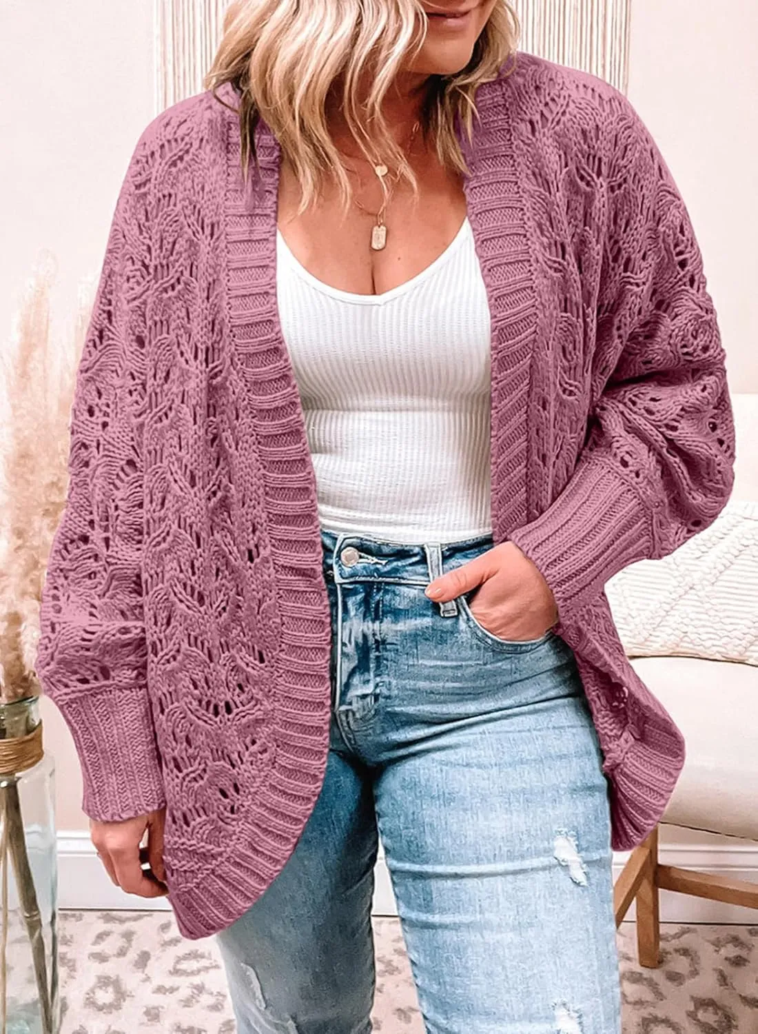 Eytino Womens Plus Size Crochet Cardigan Sweater Long Sleeve Hollow Out Open Front Cardigans Outwear(1X-5X)