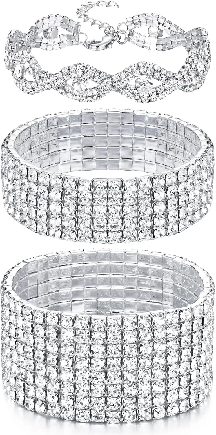 FIBO STEEL 3 PCS Rhinestone Stretch Bracelets for Women Bridal Sparkly Wedding Strand Tennis Bracelet Set Silver/Gold/Rose Gold-Tone