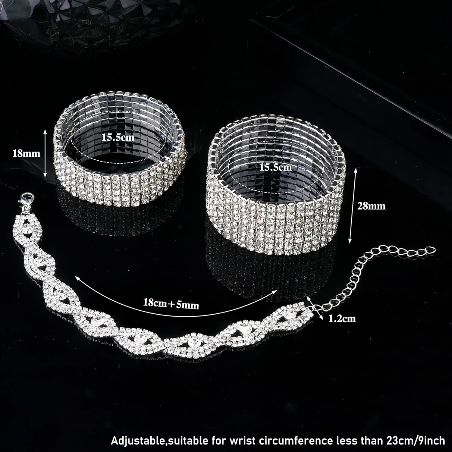FIBO STEEL 3 PCS Rhinestone Stretch Bracelets for Women Bridal Sparkly Wedding Strand Tennis Bracelet Set Silver/Gold/Rose Gold-Tone