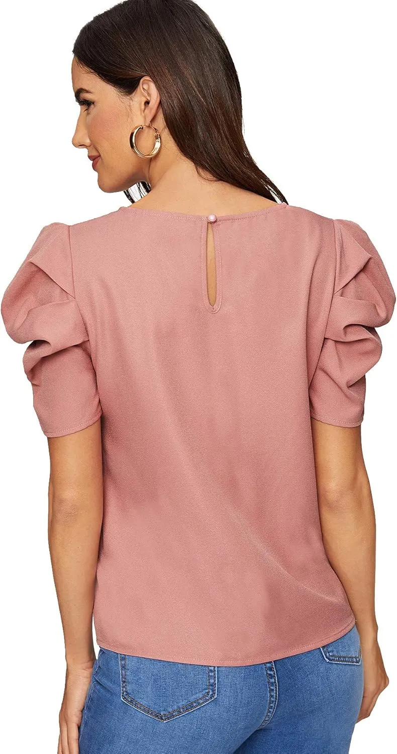Floerns Women's Round Neck Short Puff Sleeve Keyhole Back Blouse Tops