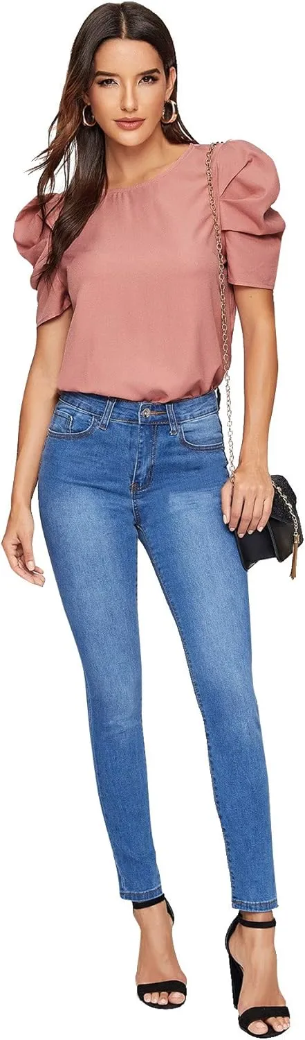 Floerns Women's Round Neck Short Puff Sleeve Keyhole Back Blouse Tops