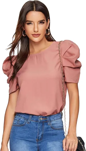 Floerns Women's Round Neck Short Puff Sleeve Keyhole Back Blouse Tops