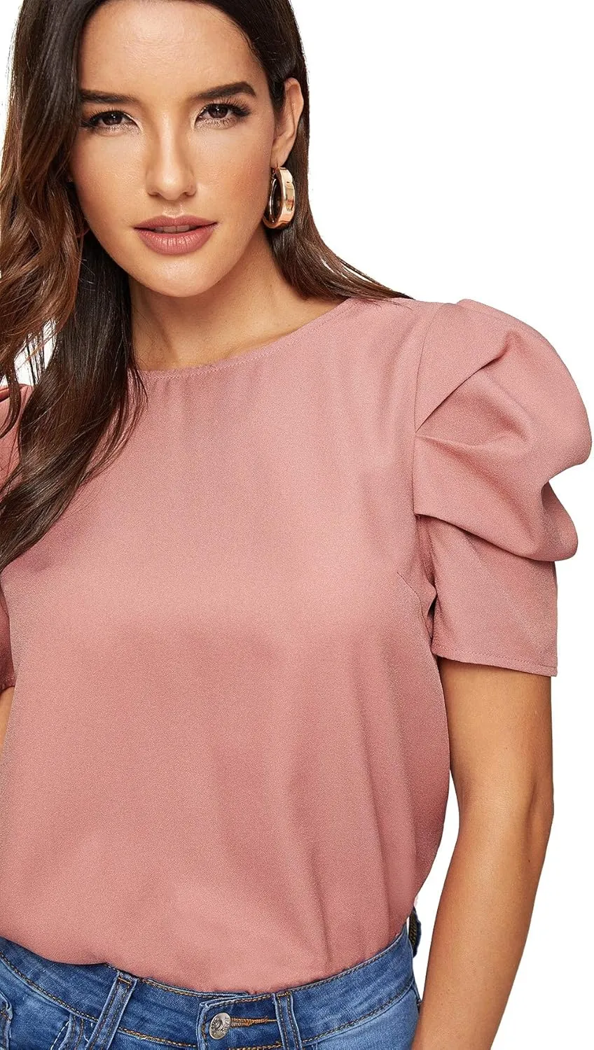 Floerns Women's Round Neck Short Puff Sleeve Keyhole Back Blouse Tops