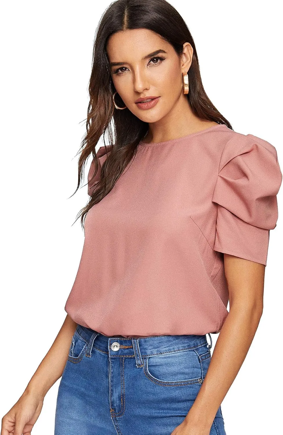 Floerns Women's Round Neck Short Puff Sleeve Keyhole Back Blouse Tops