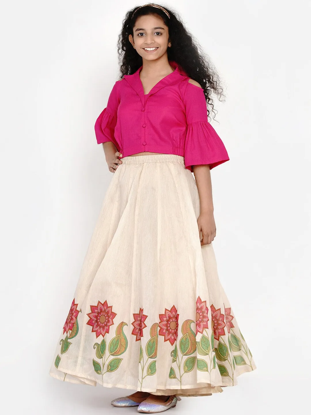 Girls Pink & Beige Solid Ready To Wear Lehenga & Ready To Wear Blouse