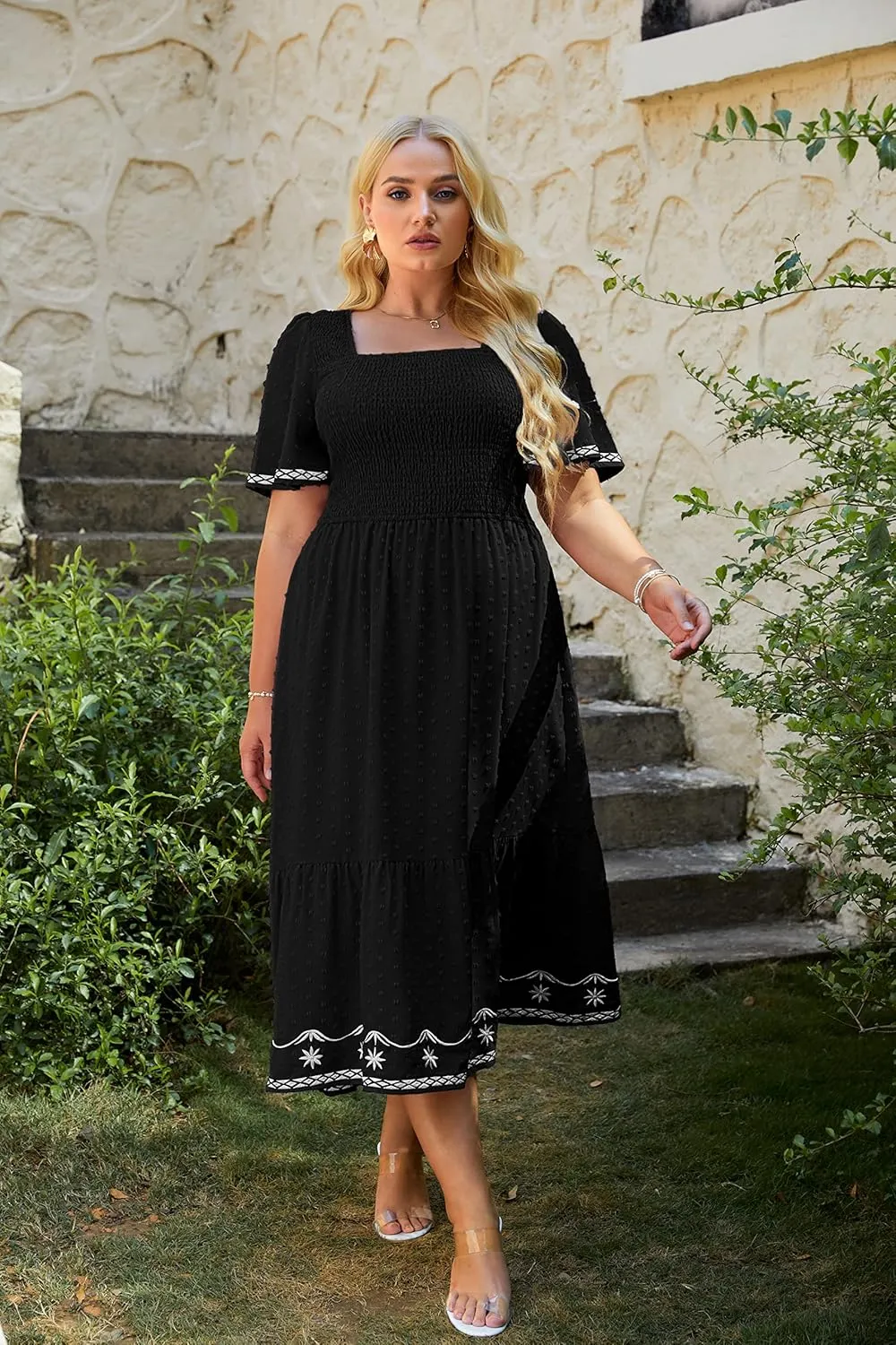Glamaker Women's Plus Size Summer Casual Short Sleeve Smocked Square Neck A Line Flowy Midi Dress Long Dress