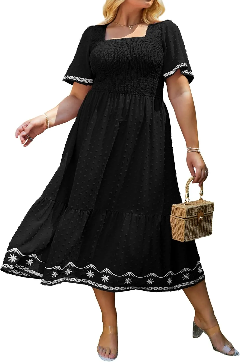 Glamaker Women's Plus Size Summer Casual Short Sleeve Smocked Square Neck A Line Flowy Midi Dress Long Dress