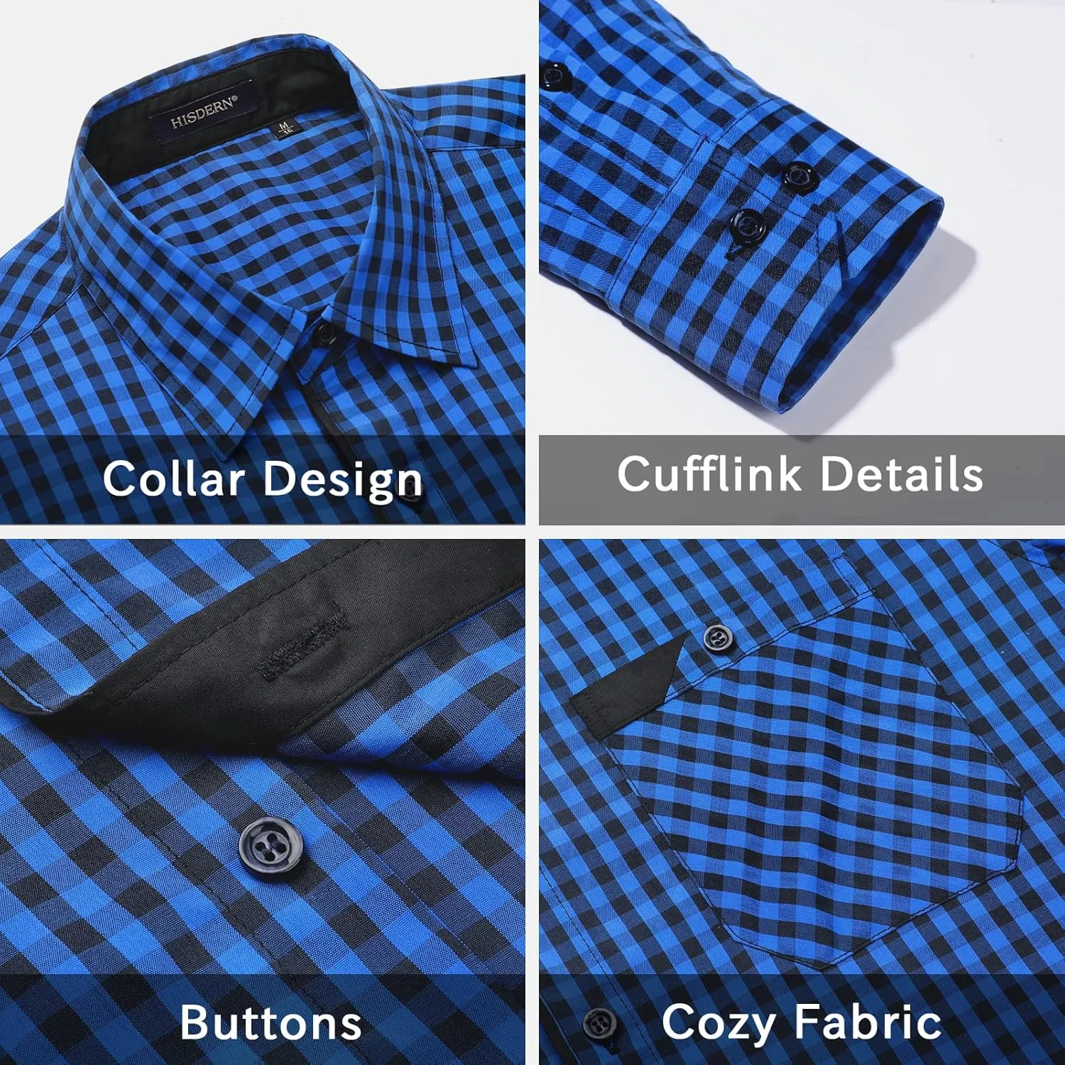HISDERN Mens Plaid Button Down Shirt Long Sleeve Dress Shirts for Men Casual Wrinkle Free Regular Fit Work Shirt with Pocket