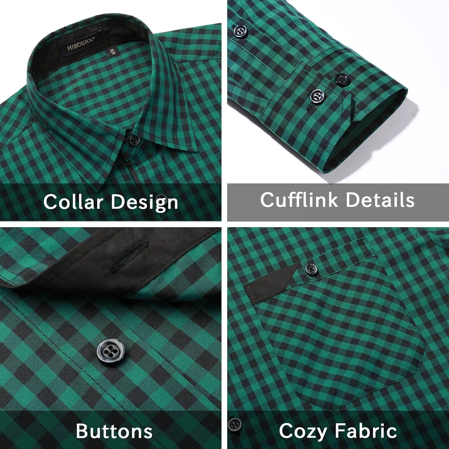 HISDERN Mens Plaid Button Down Shirt Long Sleeve Dress Shirts for Men Casual Wrinkle Free Regular Fit Work Shirt with Pocket