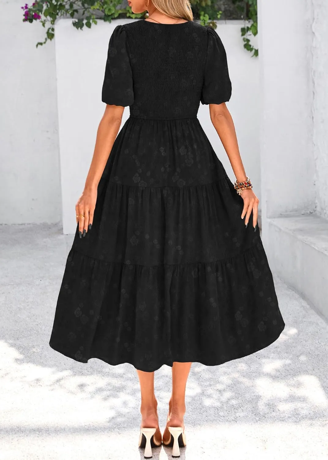 KIRUNDO Womens Summer Dresses Wedding Guest Floral Midi Sundress Short Puff Sleeve Flowy A Line Smocked Tiered Boho Dress
