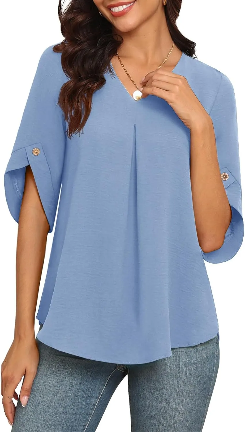 LAOLASI Womens Summer Chiffon Blouses Bell Short Sleeve V Neck Casual Dressy Work Tops for Leggings 2025 Loose Flowy Tshirts