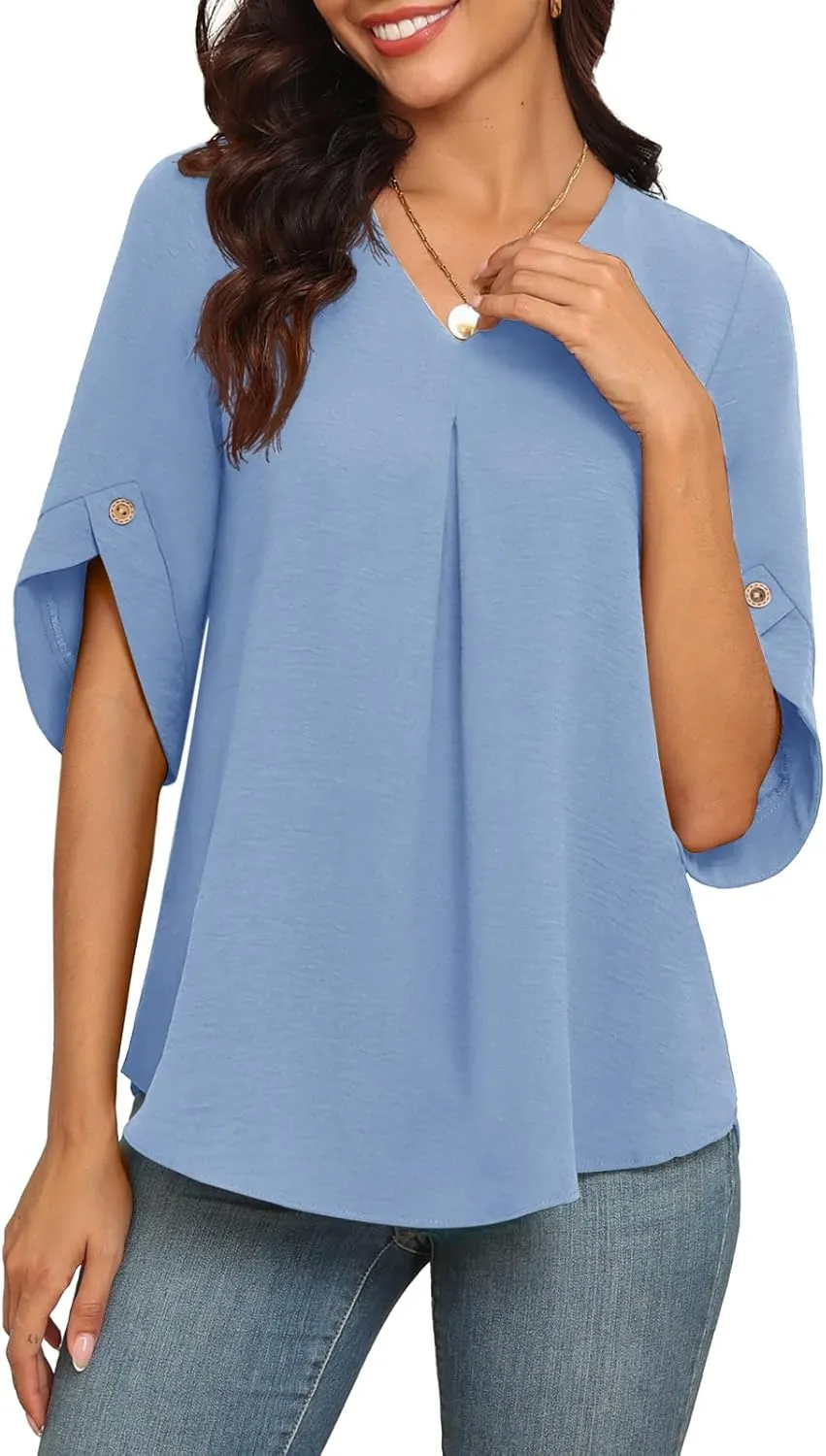 LAOLASI Womens Summer Chiffon Blouses Bell Short Sleeve V Neck Casual Dressy Work Tops for Leggings 2025 Loose Flowy Tshirts