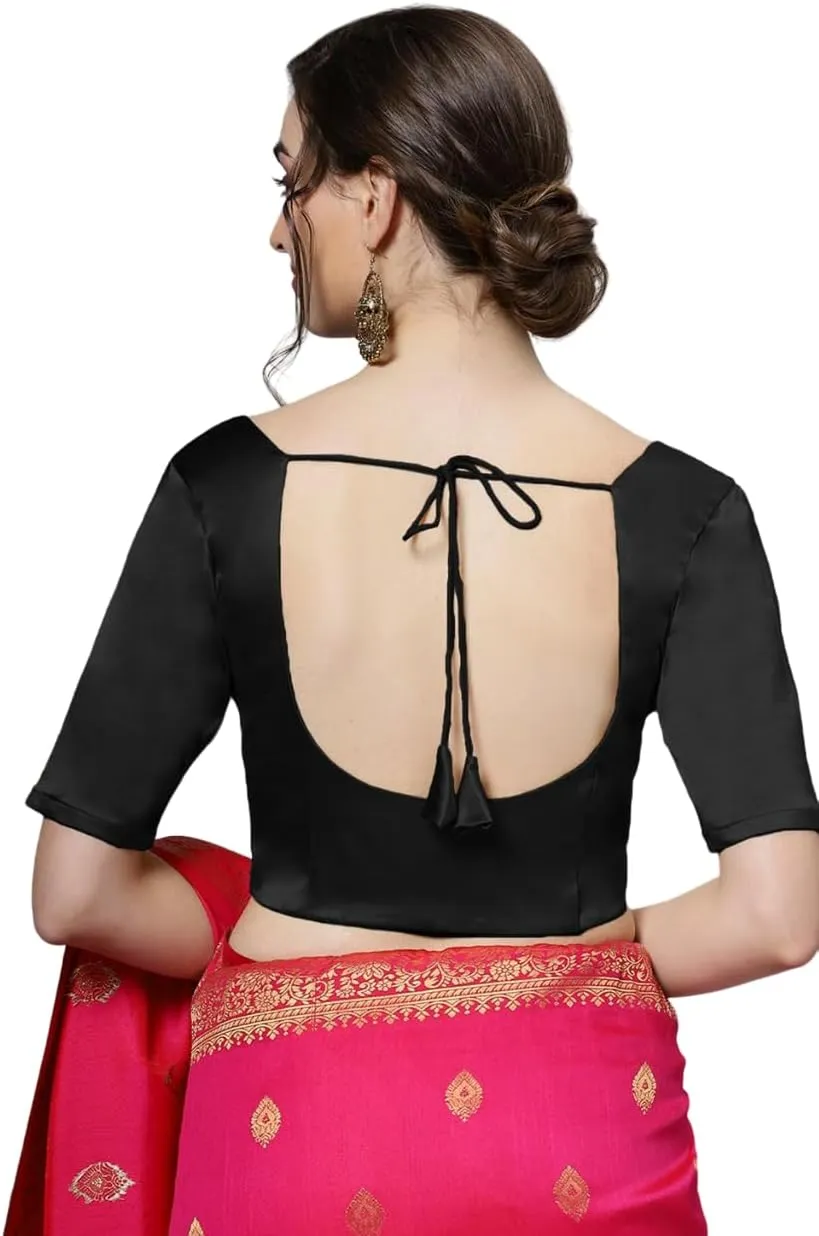 Lara Womens Black Saree Blouse | Satin, Half Sleeves Blouse (Front Closure) | Blouse for Party | Blouse for Saree