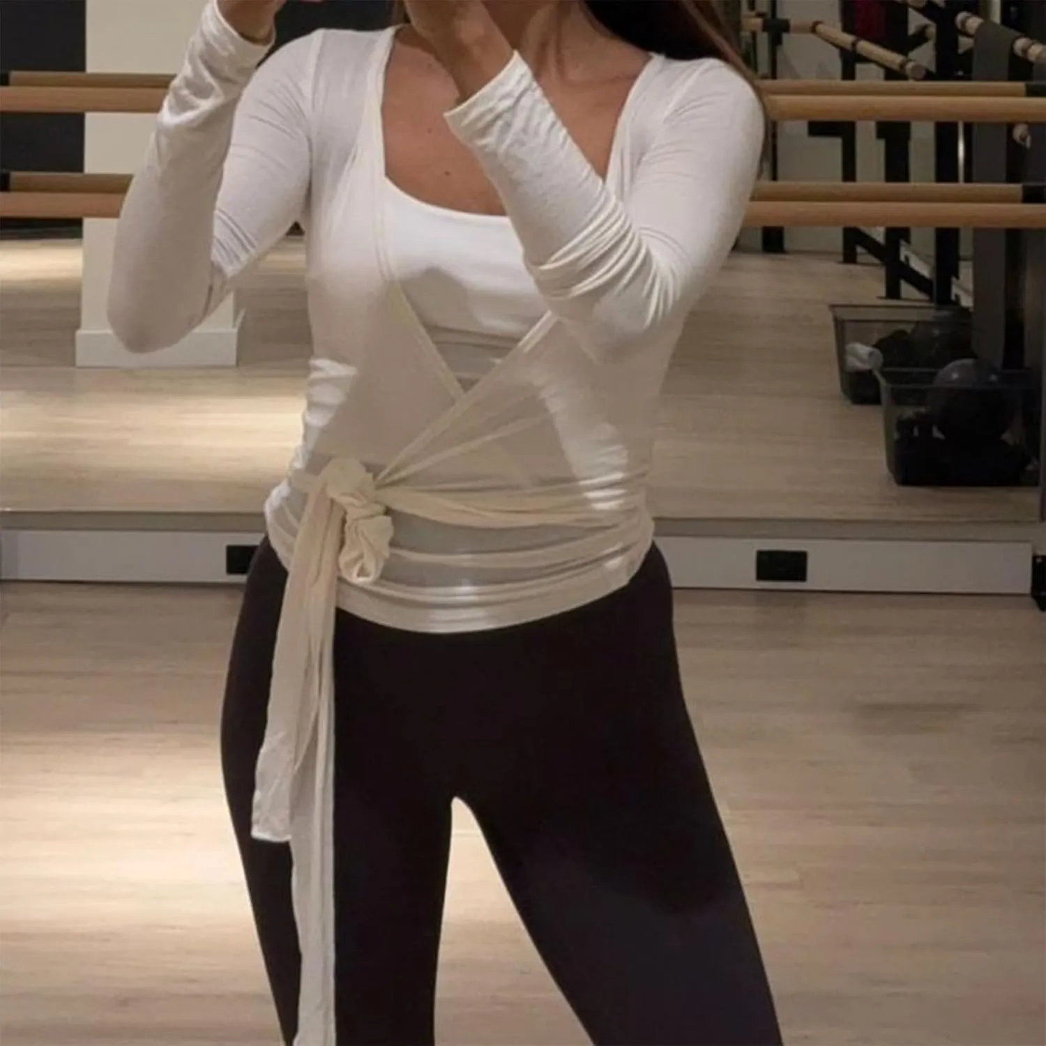 Luckinbaby Women Wrap Long Sleeve Workout T Shirts V Neck Ruched Tie Front Yoga Shirts Slim Fit Pilates Blouse Activewear