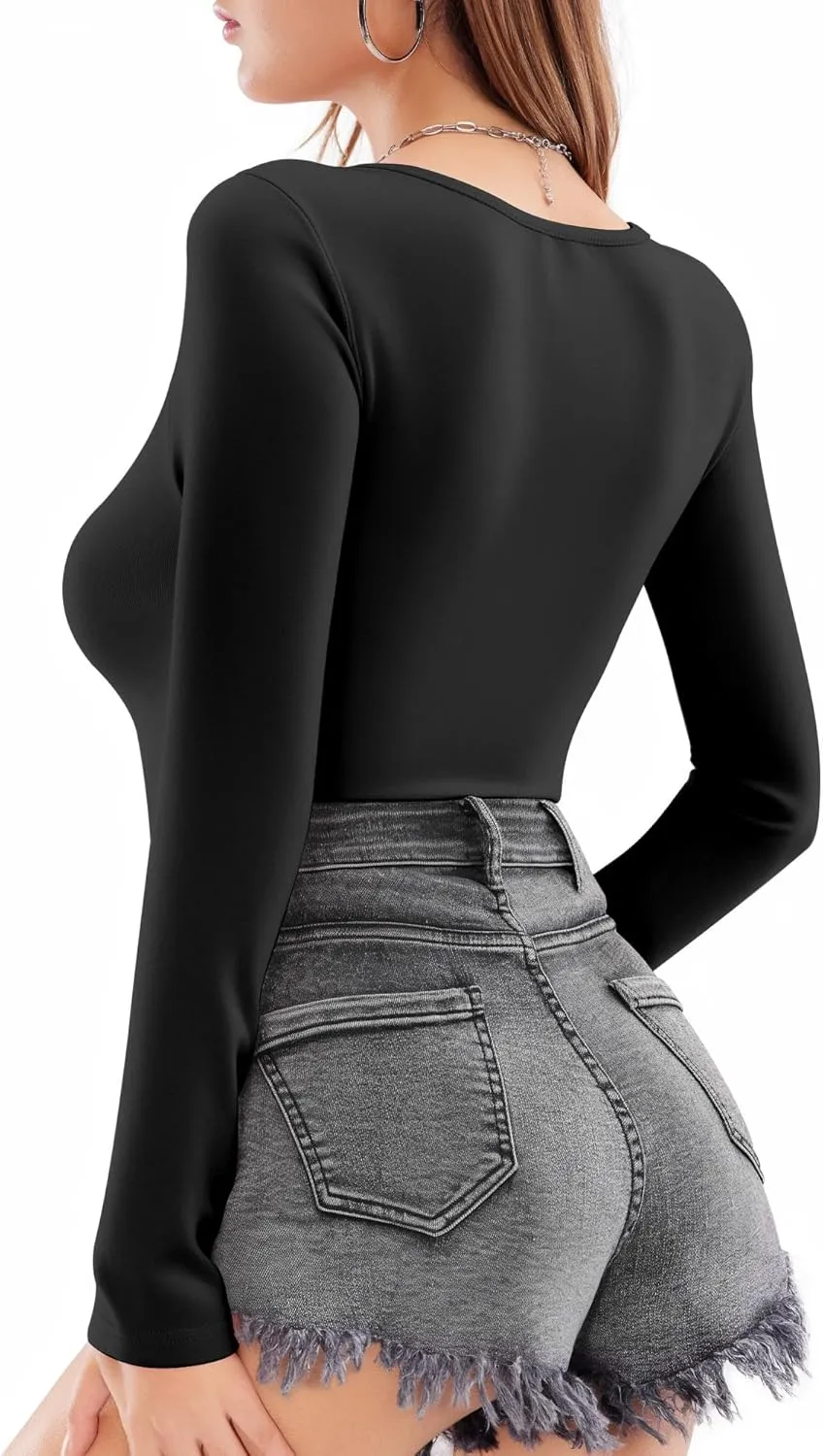MANGOPOP Long Sleeve Bodysuits for Women Scoop Neck Ribbed Body Suit Stretchy Basic T Shirt Tops