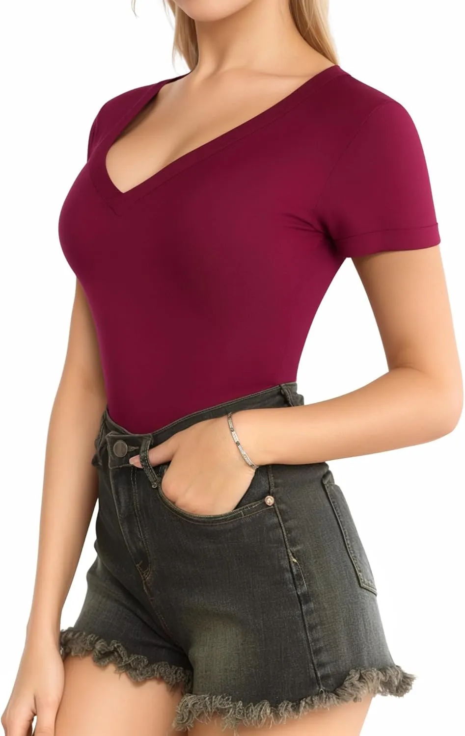 MANGOPOP V Neck Bodysuits for Women Short Sleeve Body Suits Basic Top Casual Shirt