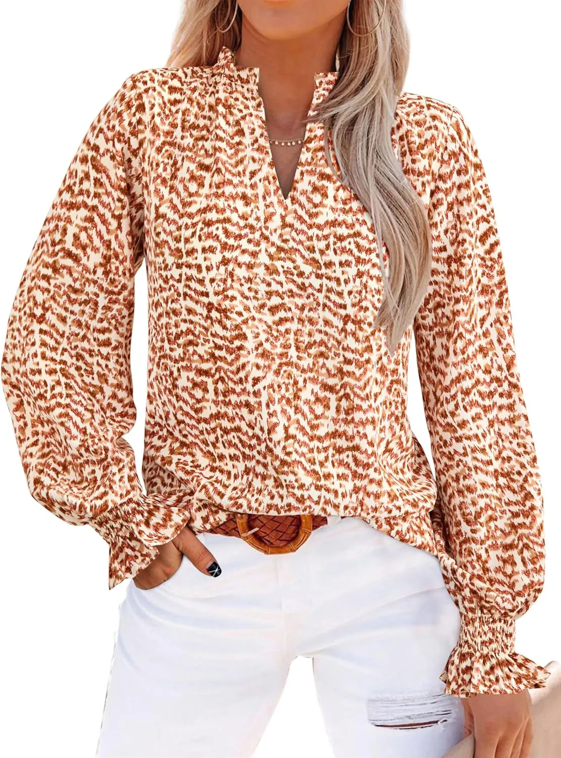 MASCOMODA Casual Spring Summer Chiffon Puff V Neck Trendy Tops for Womens 2025 Floral Dressy Long Sleeve Blouses Work Shirts
