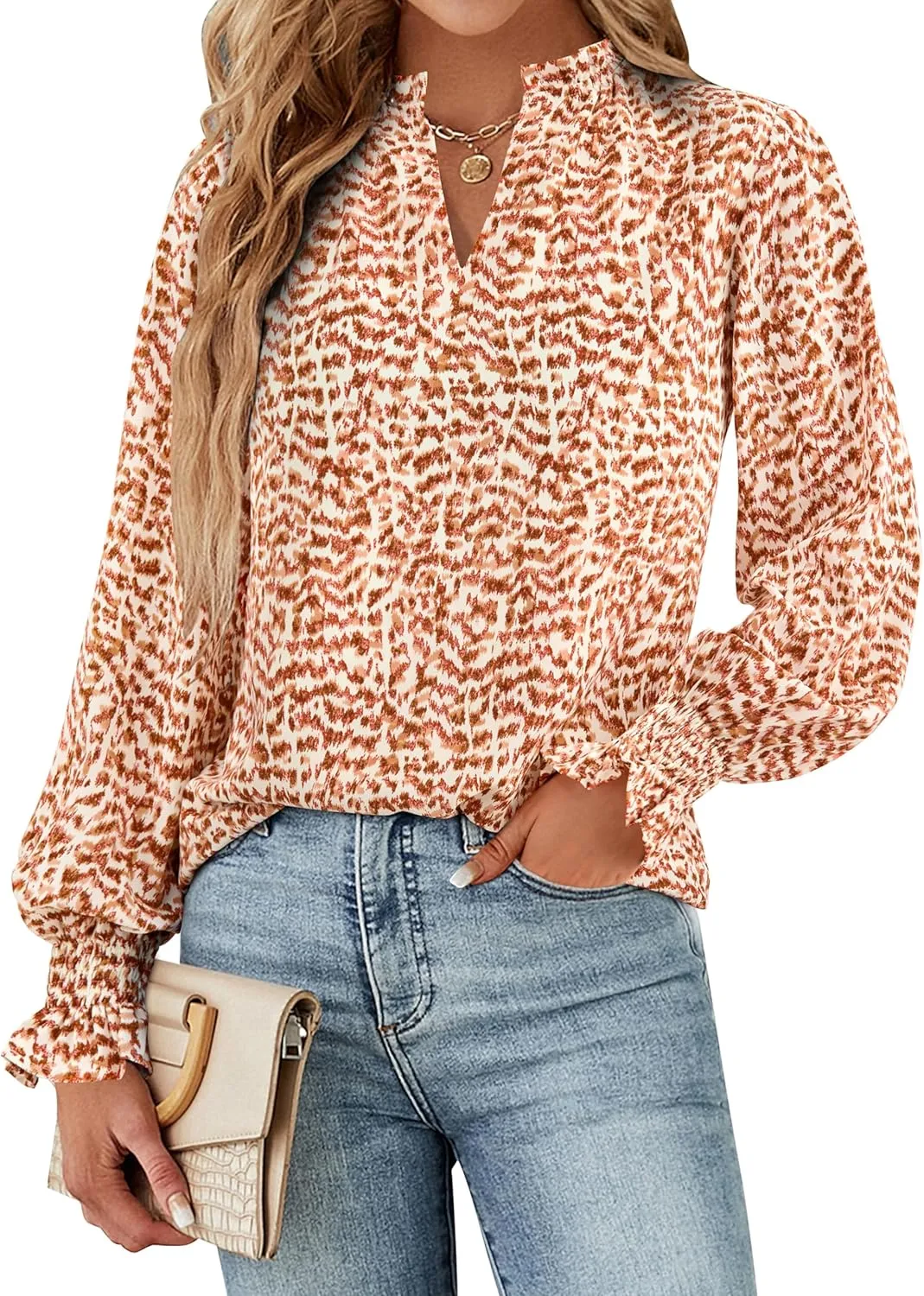MASCOMODA Casual Spring Summer Chiffon Puff V Neck Trendy Tops for Womens 2025 Floral Dressy Long Sleeve Blouses Work Shirts