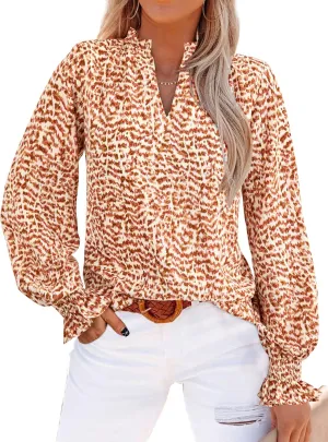 MASCOMODA Casual Spring Summer Chiffon Puff V Neck Trendy Tops for Womens 2025 Floral Dressy Long Sleeve Blouses Work Shirts