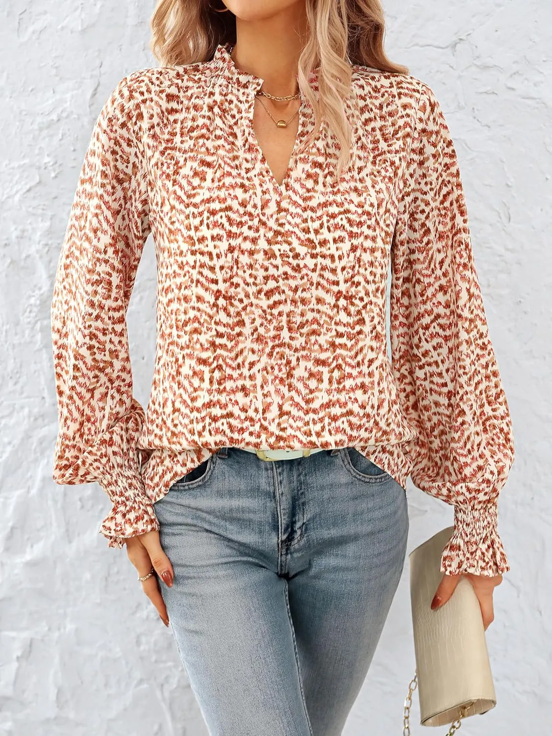 MASCOMODA Casual Spring Summer Chiffon Puff V Neck Trendy Tops for Womens 2025 Floral Dressy Long Sleeve Blouses Work Shirts