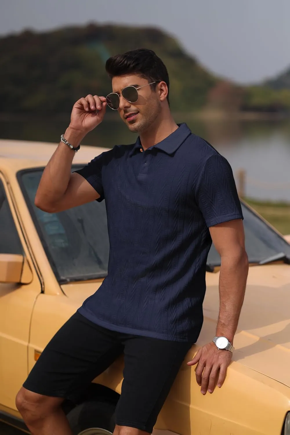 Mens Knit Polo Shirts Short Sleeve Summer Textured T Shirts Casual Jacquard Golf Collared Fashion Tops