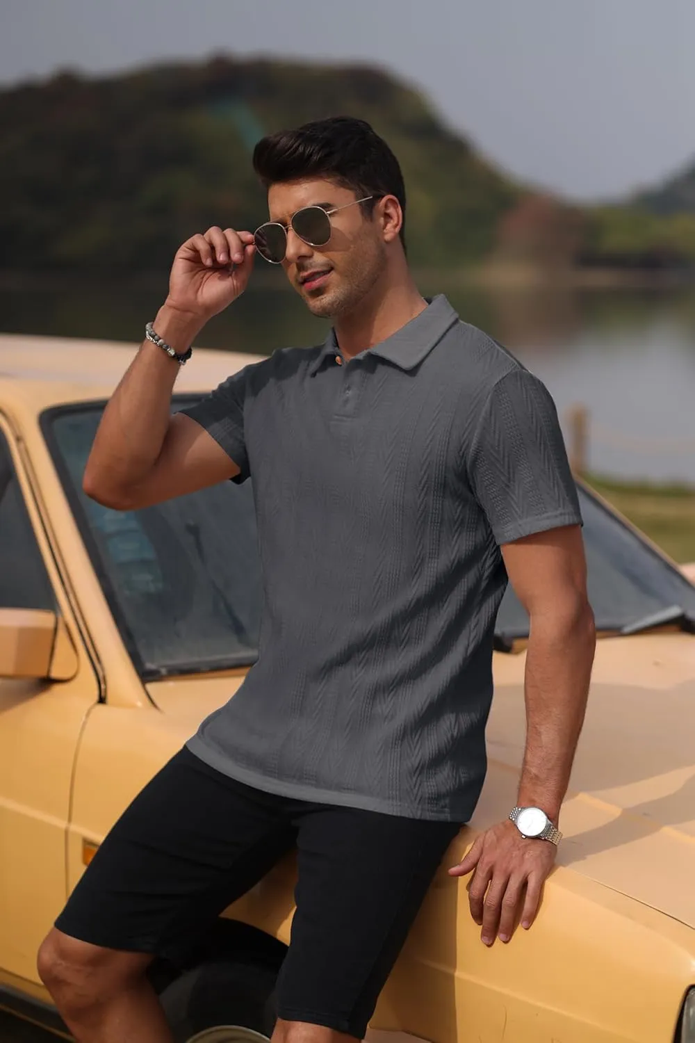 Mens Knit Polo Shirts Short Sleeve Summer Textured T Shirts Casual Jacquard Golf Collared Fashion Tops