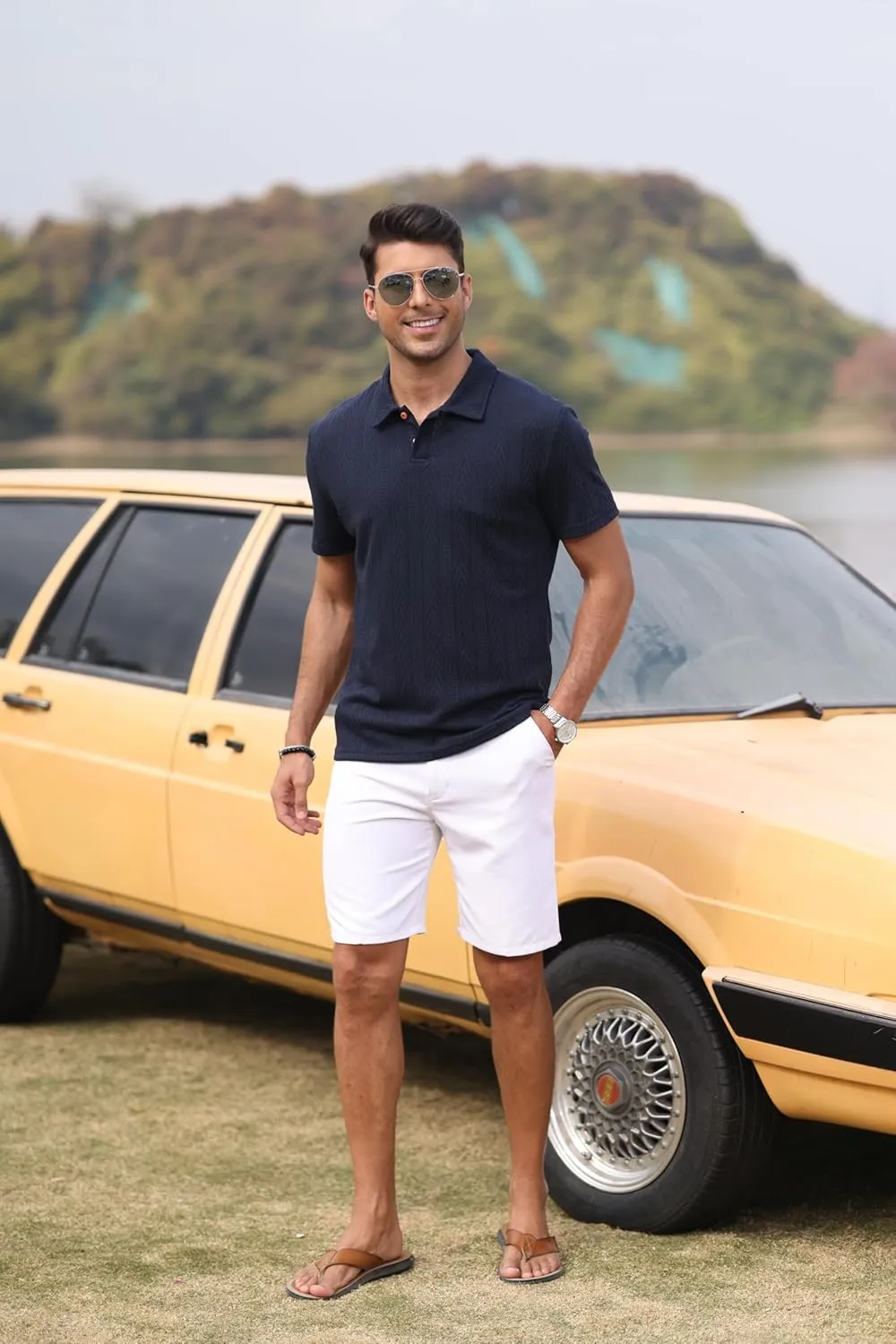 Mens Knit Polo Shirts Short Sleeve Summer Textured T Shirts Casual Jacquard Golf Collared Fashion Tops
