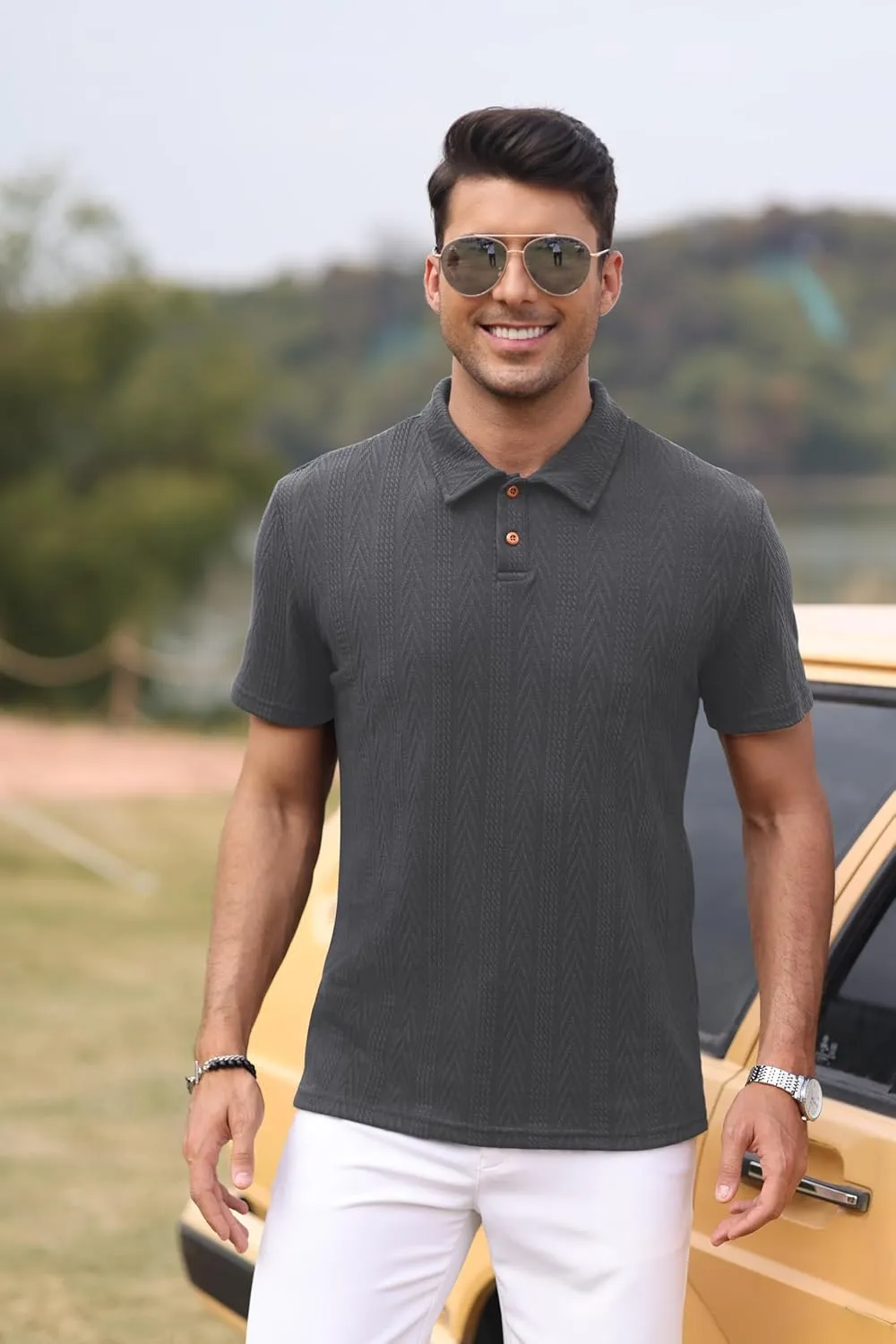 Mens Knit Polo Shirts Short Sleeve Summer Textured T Shirts Casual Jacquard Golf Collared Fashion Tops