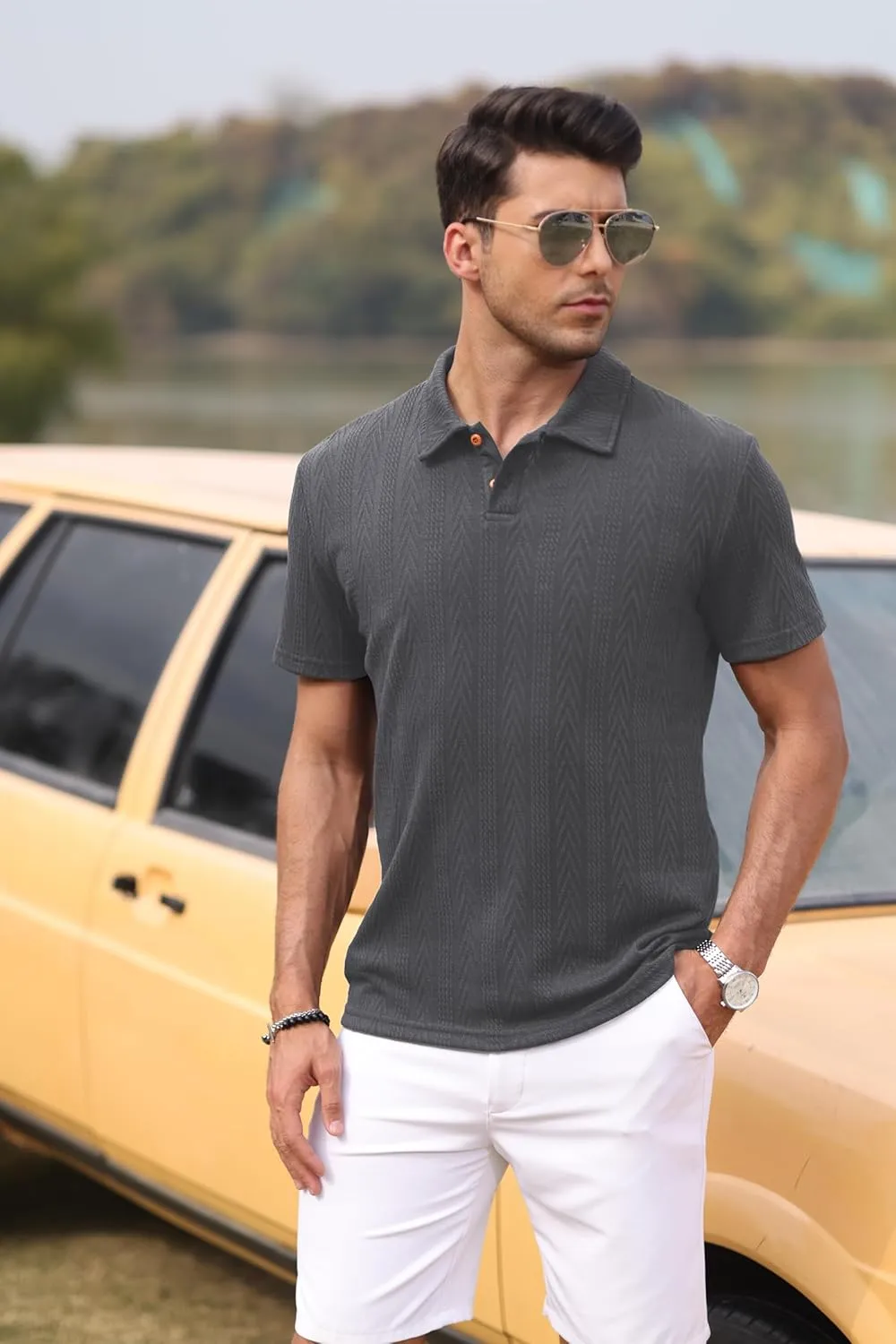Mens Knit Polo Shirts Short Sleeve Summer Textured T Shirts Casual Jacquard Golf Collared Fashion Tops