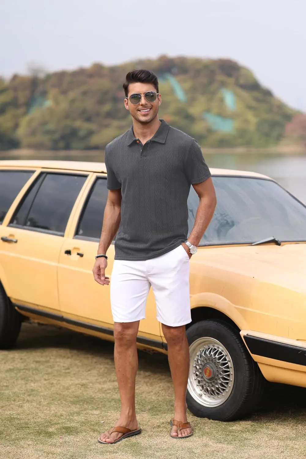 Mens Knit Polo Shirts Short Sleeve Summer Textured T Shirts Casual Jacquard Golf Collared Fashion Tops