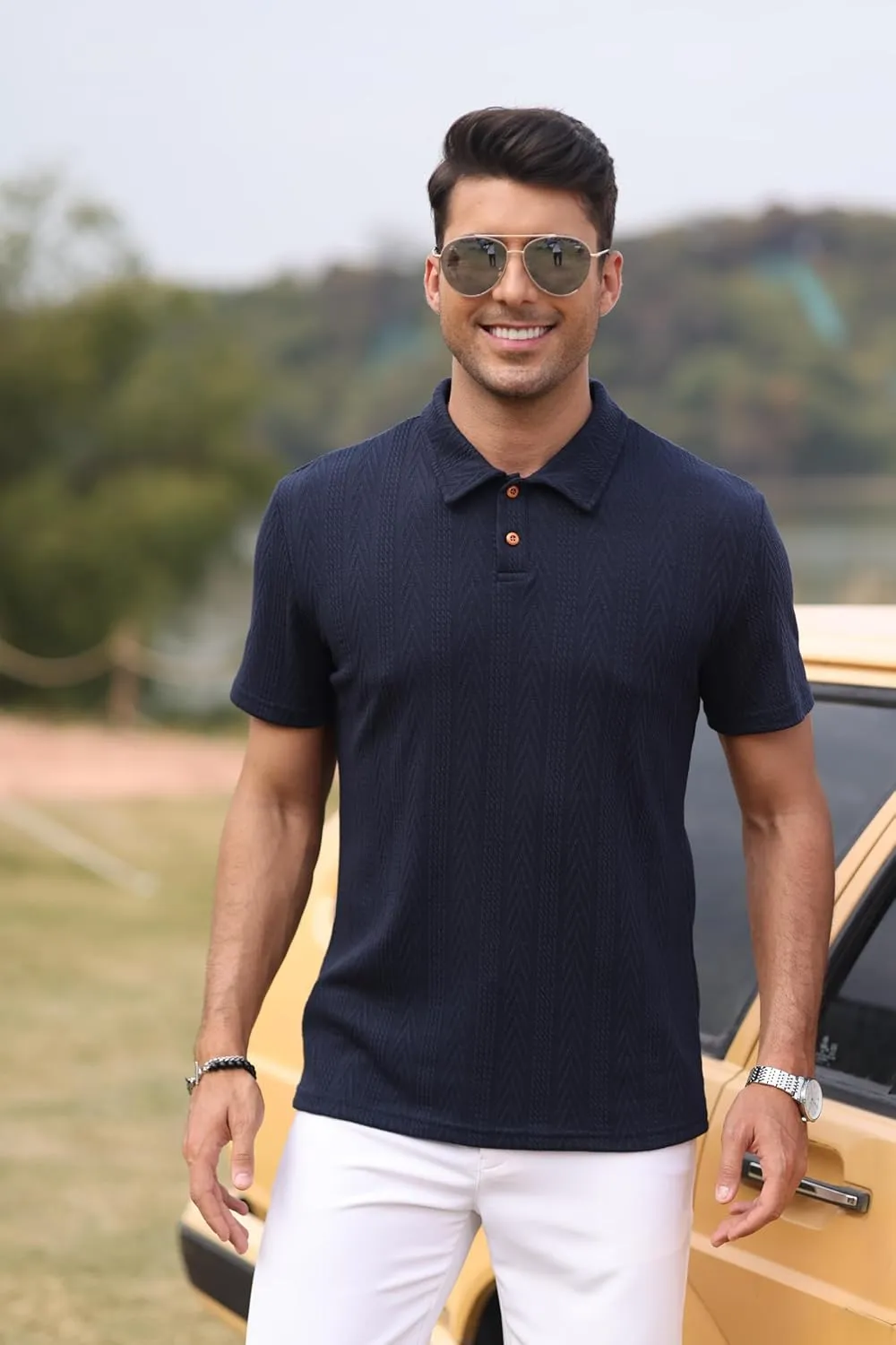 Mens Knit Polo Shirts Short Sleeve Summer Textured T Shirts Casual Jacquard Golf Collared Fashion Tops