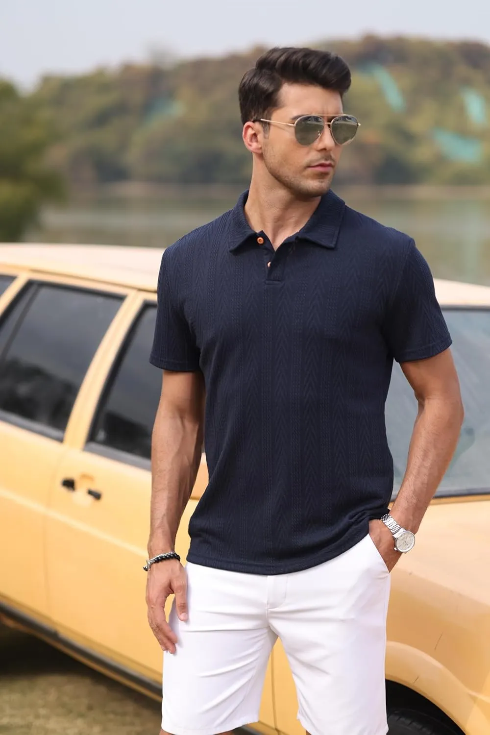 Mens Knit Polo Shirts Short Sleeve Summer Textured T Shirts Casual Jacquard Golf Collared Fashion Tops